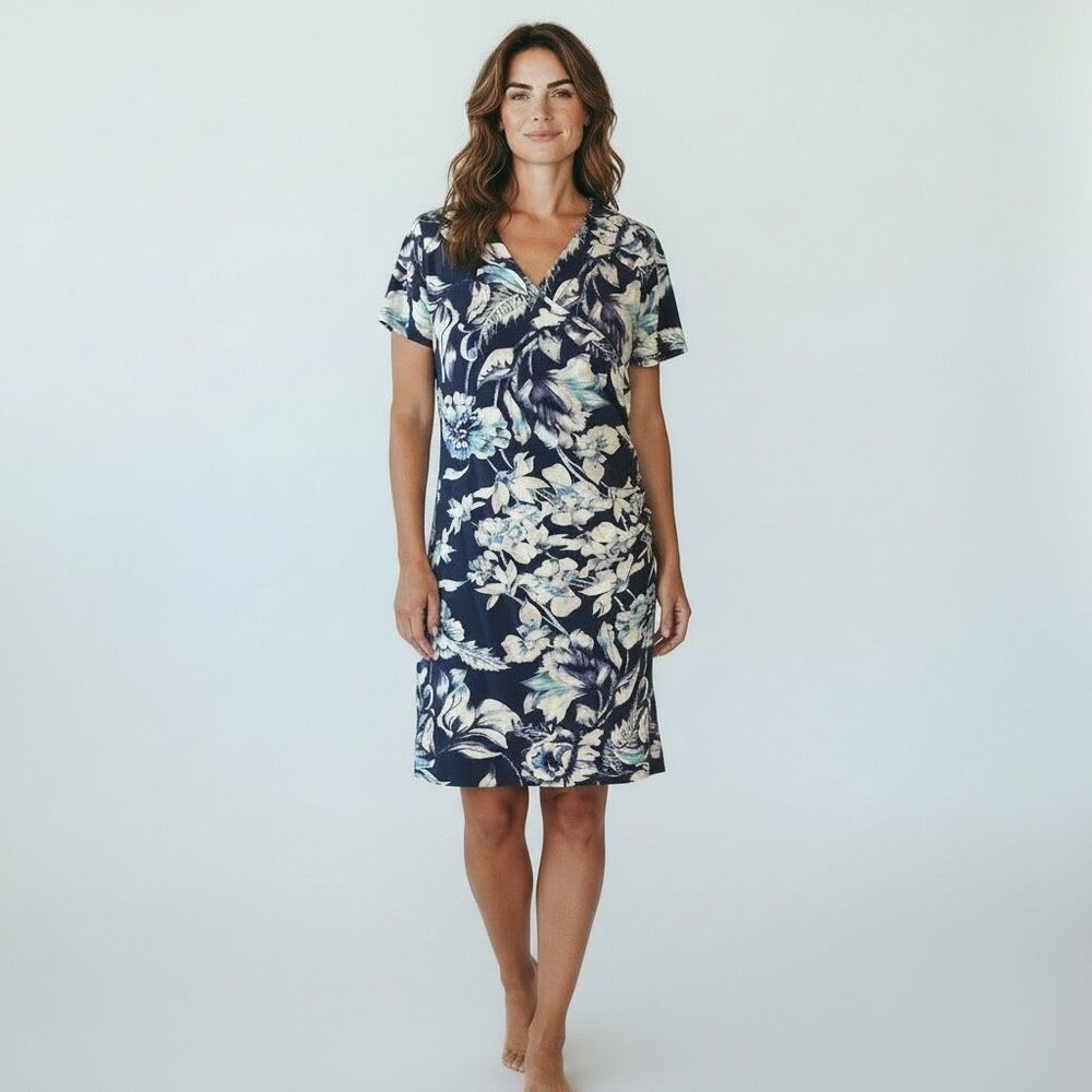 Soft Surroundings Blue Floral Faux Wrap Dress Size PS Ruched Short Sleeve Knit